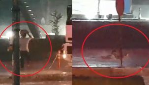 Yağmur suyu ile dolan yol çalışmasına böyle düştü!