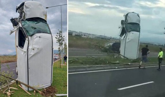 Direğe çarpan araç şaha kalktı!