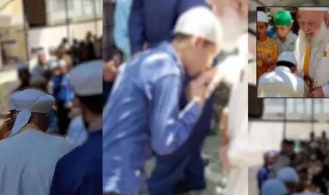 Çocukları sıraya sokup tarikat liderinin elini öptürdüler